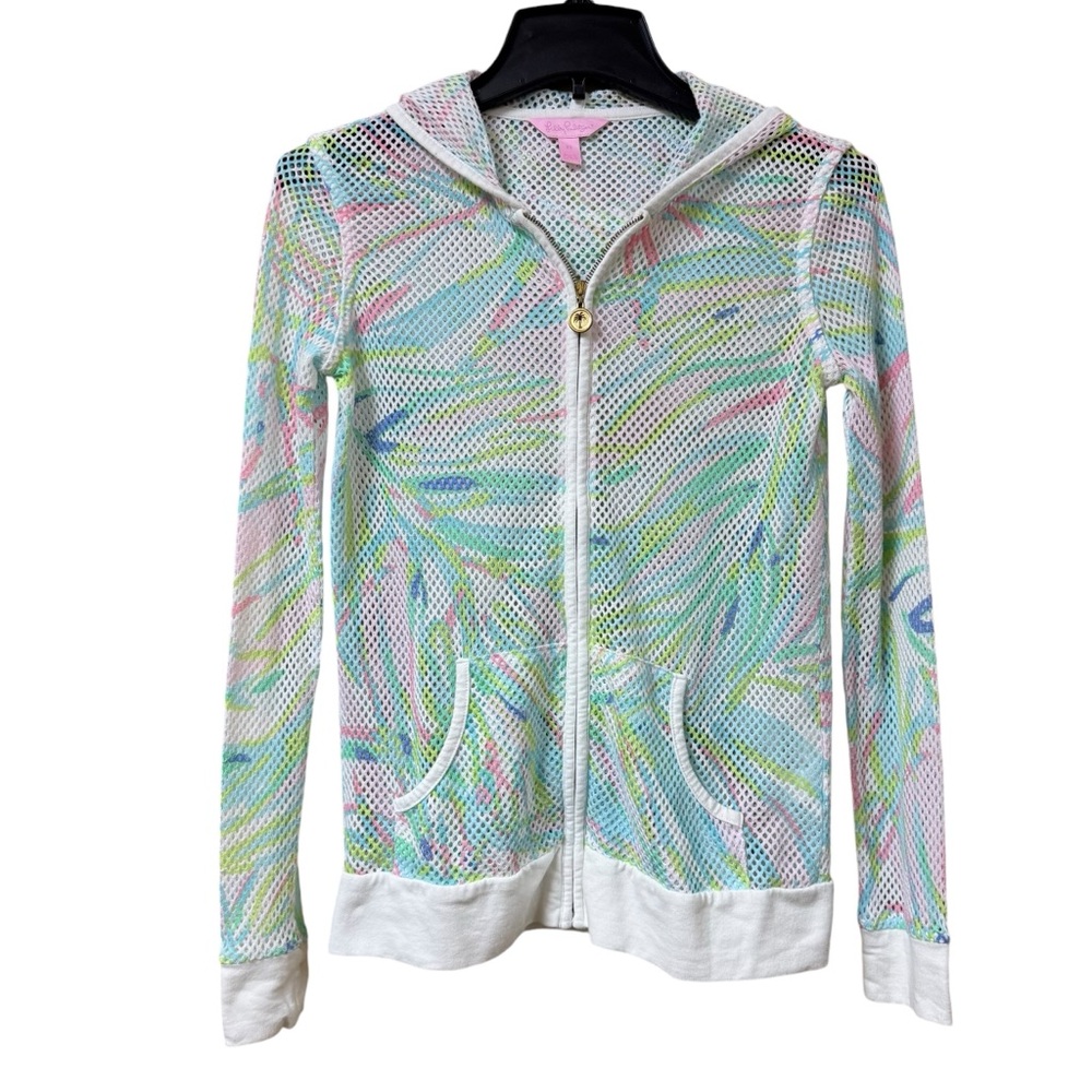Lilly Pulitzer Full Zip Hooded Beach Coverup Mesh White Sweater Jacket Size XS